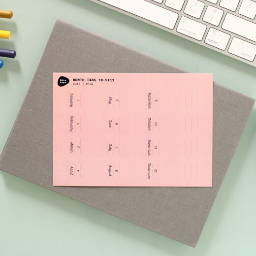 Noto Pepa Peachy Pink Maand Tabs Stickersheet voor een jaar gelegd op notebook op een bureau met toetsenbord en potloden