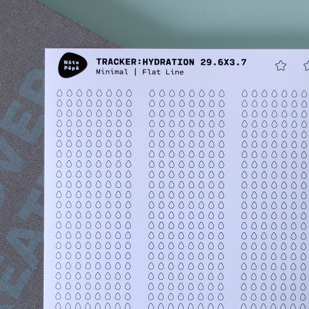 Hydration Tracker Water Drops Sticker Sheet Flat Line style, on creative desk with notebook, detail view